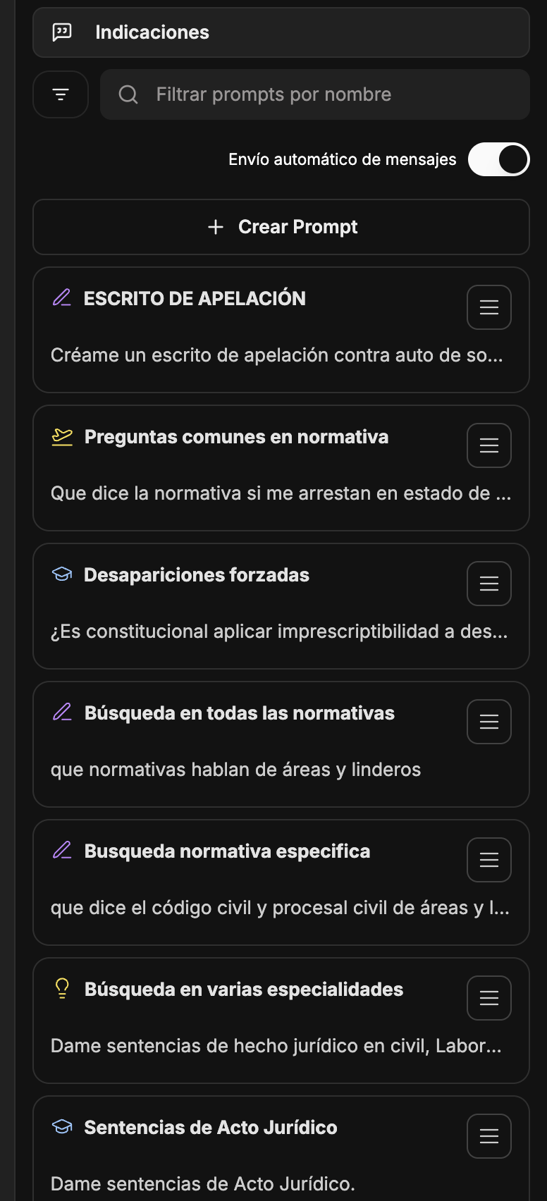 Panel de indicaciones rápidas de DOXS.AI